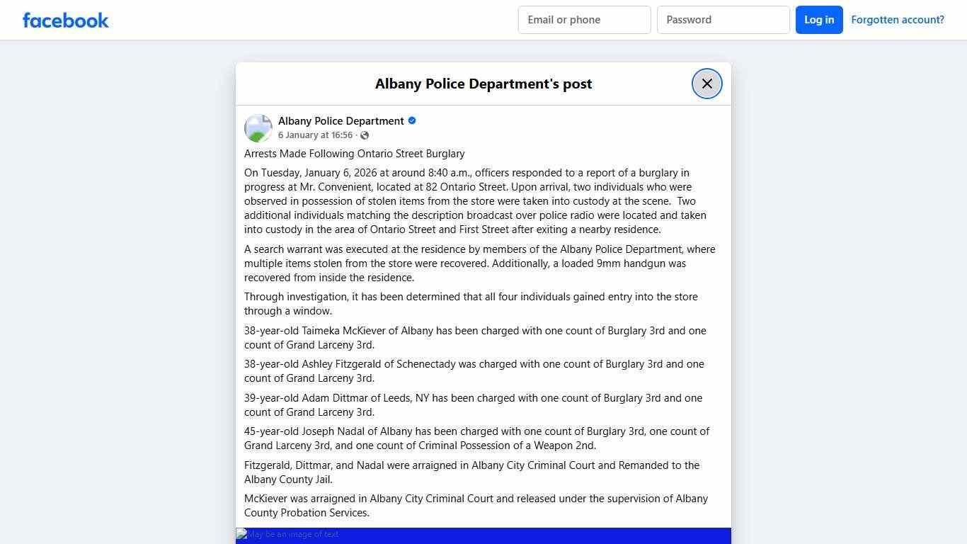 Arrests Made Following Ontario... - Albany Police Department Facebook